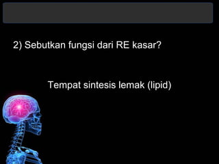 2) Sebutkan fungsi dari RE kasar? 
Tempat sintesis lemak (lipid) 
 