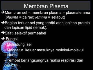 Membran Plasma 
Membran sel = membran plasma = plasmalemma 
(plasma = cairan; lemma = selaput) 
Bagian terluar sel yang terdiri atas lapisan protein 
dan lapisan lipid (lemak). 
Sifat: selektif permeabel 
 Fungsi: 
- Melindungi sel 
- Mengatur keluar masuknya molekul-molekul 
tertentu. 
- Tempat berlangsungnya reaksi respirasi dan 
oksidasi. 
 