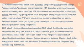 ATP (Adenosina trifosfat) adalah suatu nukleotida yang dalam biokimia dikenal sebagai
"satuan molekular" pertukaran energi intraselular. ATP digunakan untuk menyimpan dan
mentranspor energi kimia dalam sel. ATP juga memerankan penting dalam sintesis asam
nukleat. Molekul ATP juga digunakan untuk menyimpan energi yang dihasilkan tumbuhan
dalam respirasi selular. ATP yang berada di luar sitoplasma atau di luar sel mampu
berfungsi sebagai kaki tangan signaling yang memengaruhi pertumbuhan dan respon
terhadap perubahan bidang yang terkait.
NAD adalah Nikotinamida adenina dinukleotida. NAD adalah 2 nukleotida yang terikat
secara kovalen. Yang satu adalah adenosida nomofosfat, yaitu ribosa dengan sebuah
adenina yang terikat pada 1 karbon dan pada 5 fosfat. Yang kedua adalah sebuah
ribonukleotida dengan basa nitrogen nikotinamida yang terikat pada 1 karbon dan 5 fosfat.
Nikotinamida adalah salah satu dari vitamin B dan merupakan sebuah komponen yang
esensial bagi diet manusia.
 