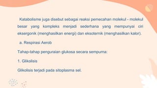 Katabolisme juga disebut sebagai reaksi pemecahan molekul - molekul
besar yang kompleks menjadi sederhana yang mempunyai ciri
eksergonik (menghasilkan energi) dan eksoternik (menghasilkan kalor).
a. Respirasi Aerob
Tahap-tahap penguraian glukosa secara sempurna:
1. Glikolisis
Glikolisis terjadi pada sitoplasma sel.
 