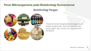 Modul 6 KB1 - Bioteknologi 15
Peran Mikroorganisme pada Bioteknologi Konvensional
Bioteknologi Pangan
Proses fermentasi menghasilkan berbagai macam
produk makanan dan minuman seperti tempe,
kecap, yogurt, keju, oncom, roti, dan minuman
beralkohol.
 