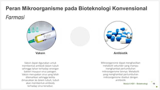 Modul 6 KB1 - Bioteknologi
Peran Mikroorganisme pada Bioteknologi Konvensional
Vaksin
Vaksin dapat digunakan untuk
membentuk antibodi dalam tubuh
sehingga tahan terhadap serangan
bakteri maupun virus patogen.
Vaksin merupakan virus yang telah
dilemahkan sehingga ketika
dimasukkan ke dalam tubuh, tubuh
akan membentuk antibody
terhadap virus tersebut.
Antibiotik
Mikroorganisme dapat menghasilkan
metabolit sekunder yang mampu
menghambat pertumbuhan
mikroorganisme lainnya. Metabolit
yang menghambat pertumbuhan
mikroorganisme disebut dengan
antibiotik
16
Farmasi
 