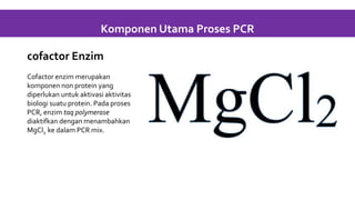 cofactor Enzim
Cofactor enzim merupakan
komponen non protein yang
diperlukan untuk aktivasi aktivitas
biologi suatu protein. Pada proses
PCR, enzim taq polymerase
diaktifkan dengan menambahkan
MgCl2 ke dalam PCR mix.
Komponen Utama Proses PCR
 
