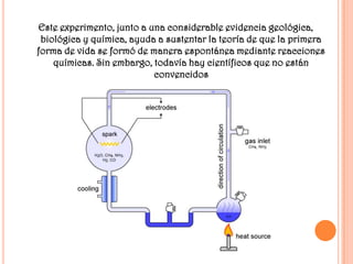 Este experimento, junto a una considerable evidencia geológica,
 biológica y química, ayuda a sustentar la teoría de que la primera
forma de vida se formó de manera espontánea mediante reacciones
    químicas. Sin embargo, todavía hay científicos que no están
                           convencidos
 