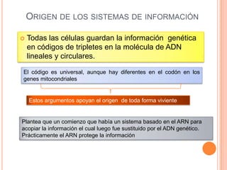 ORIGEN DE LOS SISTEMAS DE INFORMACIÓN

   Todas las células guardan la información genética
    en códigos de tripletes en la molécula de ADN
    lineales y circulares.

El código es universal, aunque hay diferentes en el codón en los
genes mitocondriales


    Estos argumentos apoyan el origen de toda forma viviente


Plantea que un comienzo que había un sistema basado en el ARN para
acopiar la información el cual luego fue sustituido por el ADN genético.
Prácticamente el ARN protege la información
 