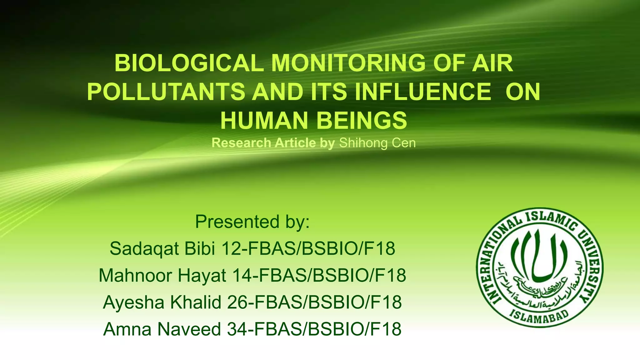 BIOLOGICAL MONITORING OF AIR POLLUTANTS AND ITS INFLUENCE ON HUMAN ...