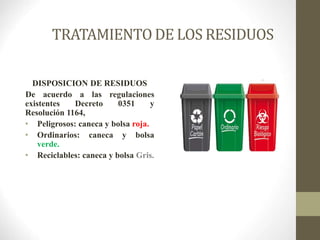 TRATAMIENTO DE LOS RESIDUOS
DISPOSICION DE RESIDUOS
De acuerdo a las regulaciones
existentes Decreto 0351 y
Resolución 1164,
• Peligrosos: caneca y bolsa roja.
• Ordinarios: caneca y bolsa
verde.
• Reciclables: caneca y bolsa Gris.
 