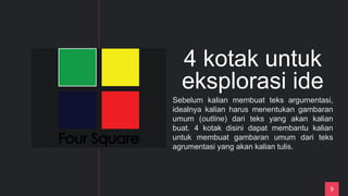 9
4 kotak untuk
eksplorasi ide
Sebelum kalian membuat teks argumentasi,
idealnya kalian harus menentukan gambaran
umum (outline) dari teks yang akan kalian
buat. 4 kotak disini dapat membantu kalian
untuk membuat gambaran umum dari teks
agrumentasi yang akan kalian tulis.
 