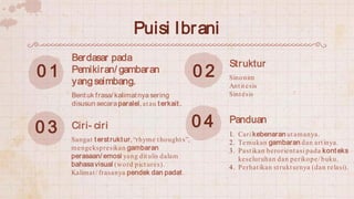 0 1
Berdasar pada
Pemikiran/ gambaran
yangseimbang.
0 2
Struktur
0 3 Ciri- ciri 0 4 Panduan
Puisi Ibrani
Bentuk frasa/ kal...