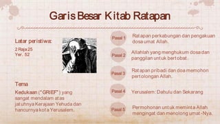 GarisBesar Kitab Ratapan
2 Raja25
Yer. 52
Latar peristiwa:
Kedukaan (“GRIEF”) yang
sangat mendalam atas
jatuhnya Kerajaan ...