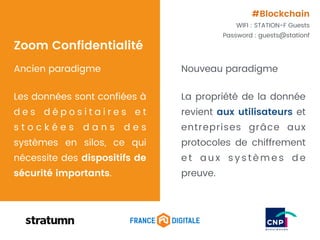 Zoom Confidentialité
Ancien paradigme
Les données sont confiées à
d e s d é p o s i t a i r e s e t
s t o c k é e s d a n s d e s
systèmes en silos, ce qui
nécessite des dispositifs de
sécurité importants.
Nouveau paradigme
La propriété de la donnée
revient aux utilisateurs et
entreprises grâce aux
protocoles de chiffrement
e t a u x s y s t è m e s d e
preuve.
#Blockchain
WIFI : STATION-F Guests
Password : guests@stationf
 