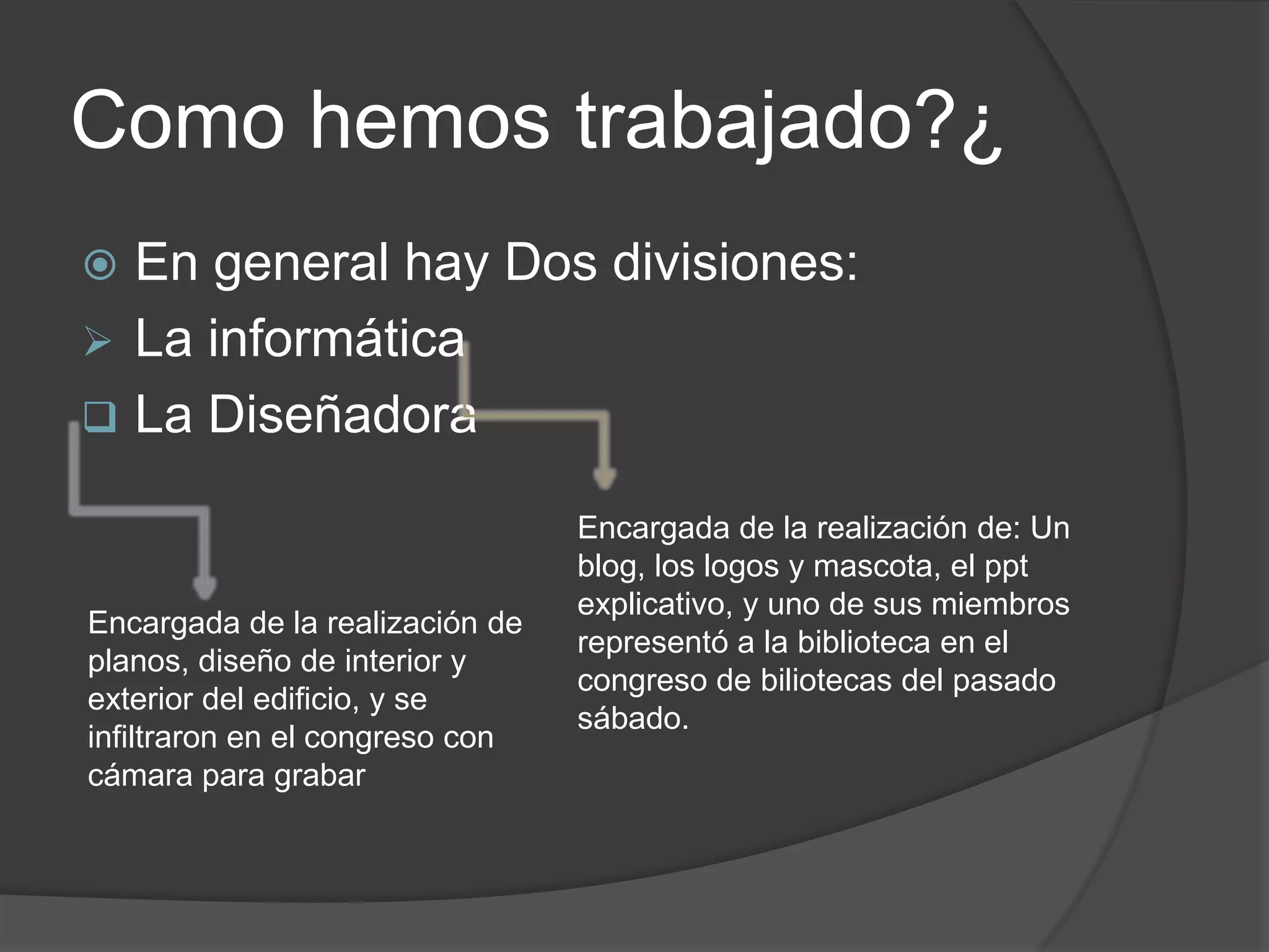 Como hemos trabajado?¿
 En general hay Dos divisiones:
 La informática
 La Diseñadora

                                 Encargada de la realización de: Un
                                 blog, los logos y mascota, el ppt
                                 explicativo, y uno de sus miembros
Encargada de la realización de
                                 representó a la biblioteca en el
planos, diseño de interior y
                                 congreso de biliotecas del pasado
exterior del edificio, y se
                                 sábado.
infiltraron en el congreso con
cámara para grabar
 