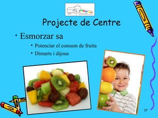 Projecte de Centre
•   Esmorzar sa
      
          Potenciar el consum de fruita
      
          Dimarts i dijous




                                          17
 