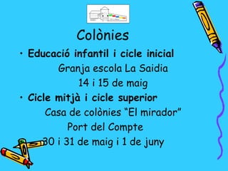 Colònies
• Educació infantil i cicle inicial
        Granja escola La Saidia
             14 i 15 de maig
• Cicle mitjà i cicle superior
      Casa de colònies “El mirador”
           Port del Compte
•    30 i 31 de maig i 1 de juny
 