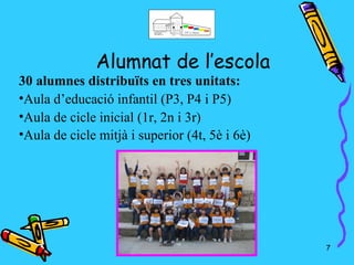 Alumnat de l’escola
30 alumnes distribuïts en tres unitats:
•Aula d’educació infantil (P3, P4 i P5)
•Aula de cicle inicial (1r, 2n i 3r)
•Aula de cicle mitjà i superior (4t, 5è i 6è)




                                                7
 