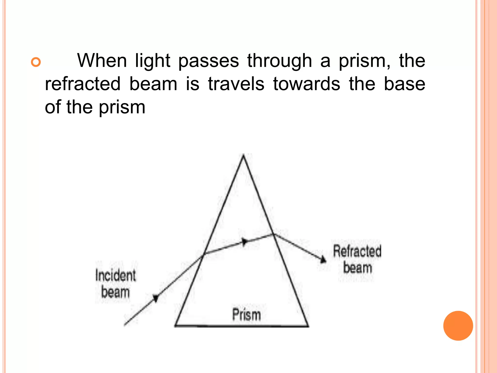  When light passes through a prism, the
refracted beam is travels towards the base
of the prism
