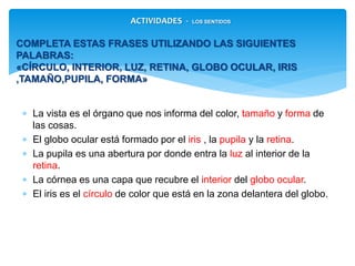  La vista es el órgano que nos informa del color, y
de las cosas.
 El globo ocular está formado por el , la y la
 La pupila es una abertura por donde entra la al interior de
la
 La córnea es una capa que recubre el del
 El iris es el de color que está en la zona delantera del
globo.
COMPLETA ESTAS FRASES UTILIZANDO LAS SIGUIENTES PALABRAS:
«CÍRCULO, INTERIOR, LUZ, RETINA, GLOBO OCULAR, IRIS
,TAMAÑO,PUPILA, FORMA»
tamaño
iris
ACTIVIDADES - LOS SENTIDOS
forma
pupila retina
luz
retina
interior globo ocular
círculo
 
