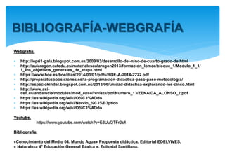 Webgrafía:
 http://lepri1-gala.blogspot.com.es/2009/03/desarrollo-del-nino-de-cuarto-grado-de.html
 http://aularagon.catedu.es/materialesaularagon2013/formacion_lomce/bloque_1/Modulo
_1_1/1_los_objetivos_generales_de_etapa.html
 https://www.boe.es/boe/dias/2014/03/01/pdfs/BOE-A-2014-2222.pdf
 http://preparatusoposiciones.es/la-programacion-didactica-paso-paso-metodologia/
 http://espaciokinder.blogspot.com.es/2013/06/unidad-didactica-explorando-los-
cinco.html
 http://www.csi-
csif.es/andalucia/modules/mod_ense/revista/pdf/Numero_13/ZENAIDA_ALONSO_2.pdf
 https://es.wikipedia.org/wiki/O%C3%ADdo
 https://es.wikipedia.org/wiki/Nervio_%C3%B3ptico
 https://es.wikipedia.org/wiki/O%C3%ADdo
Youtube.
https://www.youtube.com/watch?v=E8UuQTFr2s4
Bibliografía:
«Conocimiento del Medio 04. Mundo Agua» Propuesta didáctica. Editorial EDELVIVES.
« Naturaleza 4º Educación General Básica ». Editorial Santillana.
BIBLIOGRAFÍA-WEBGRAFÍA
 
