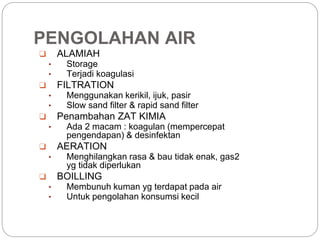 PENGOLAHAN AIR
❑ ALAMIAH
• Storage
• Terjadi koagulasi
❑ FILTRATION
• Menggunakan kerikil, ijuk, pasir
• Slow sand filter & rapid sand filter
❑ Penambahan ZAT KIMIA
• Ada 2 macam : koagulan (mempercepat
pengendapan) & desinfektan
❑ AERATION
• Menghilangkan rasa & bau tidak enak, gas2
yg tidak diperlukan
❑ BOILLING
• Membunuh kuman yg terdapat pada air
• Untuk pengolahan konsumsi kecil
 