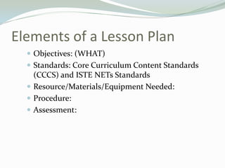 Elements of a Lesson Plan
 Objectives: (WHAT)
 Standards: Core Curriculum Content Standards
(CCCS) and ISTE NETs Standards
 Resource/Materials/Equipment Needed:
 Procedure:
 Assessment:
 