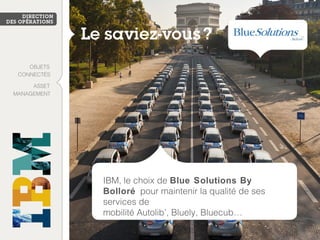 IBM, le choix de Blue Solutions By
Bolloré pour maintenir la qualité de ses
services de
mobilité Autolib’, Bluely, Bluecub…
ASSET
MANAGEMENT
OBJETS
CONNECTÉS
 