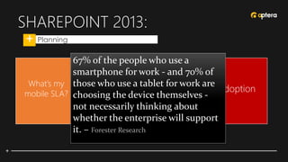 SHAREPOINT 2013:
• Planning
BYOD
(whether you like
it or not)
Mobile
Roadmap
What’s my
mobile SLA?
Adoption
67% of the people who use a
smartphone for work - and 70% of
those who use a tablet for work are
choosing the device themselves -
not necessarily thinking about
whether the enterprise will support
it. – Forester Research
 