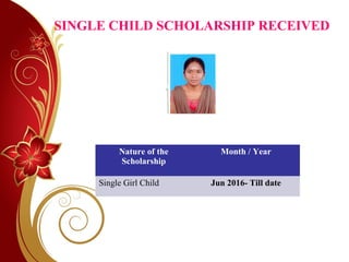 SINGLE CHILD SCHOLARSHIP RECEIVED
Nature of the
Scholarship
Month / Year
Single Girl Child Jun 2016- Till date
 