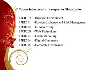 C. Papers introduced with respect to Globalization
• 17CR102 -Business Environment
• 17ER101 -Foreign Exchange and Risk Management
• 17ER102 -E- Advertising
• 17CR209 -Web Technology
• 17ER203 -Green Marketing
• 17ER304 -Digital Commerce
• 17ER305 -Corporate Governance
 