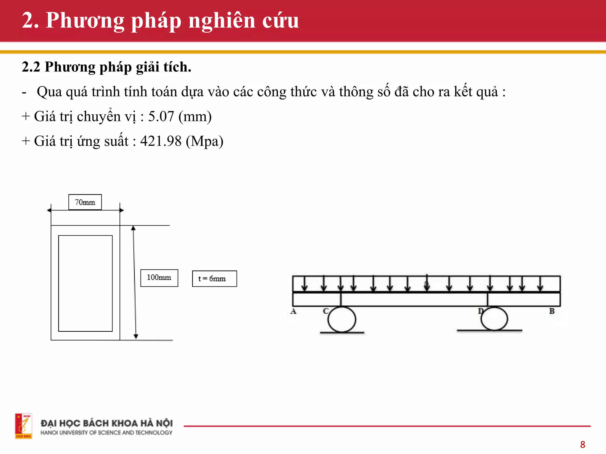 8
2. Phương pháp nghiên cứu
2.2 Phương pháp giải tích.
- Qua quá trình tính toán dựa vào các công thức và thông số đã cho ra kết quả :
+ Giá trị chuyển vị : 5.07 (mm)
+ Giá trị ứng suất : 421.98 (Mpa)
 