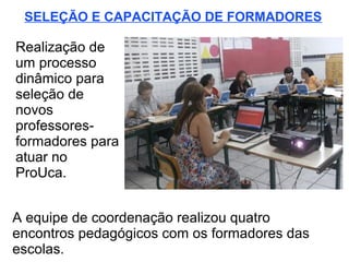 SELEÇÃO E CAPACITAÇÃO DE FORMADORES

Realização de
um processo
dinâmico para
seleção de
novos
professores-
formadores para
atuar no
ProUca.


A equipe de coordenação realizou quatro
encontros pedagógicos com os formadores das
escolas.
 
