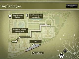 Implantação Apartamento Zelador Circulação coberta entre prédios Acesso Social Guarita Escada de acesso ao subsolo 