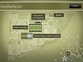 Implantação Jardins Gramados Espelho D’água e Jardim Gramado Mirante Estar externo  com Pergolado 