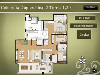 Cobertura Duplex Final 2 Torres 1,2,3 Pavimento Inferior 3 suítes 343 a 450m²   