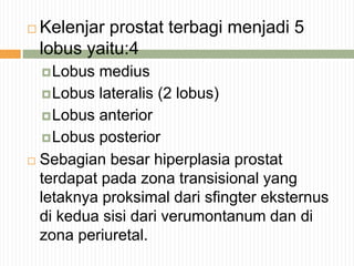  Kelenjar prostat terbagi menjadi 5
lobus yaitu:4
Lobus medius
Lobus lateralis (2 lobus)
Lobus anterior
Lobus posterior
 Sebagian besar hiperplasia prostat
terdapat pada zona transisional yang
letaknya proksimal dari sfingter eksternus
di kedua sisi dari verumontanum dan di
zona periuretal.
 