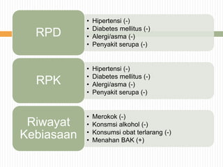 • Hipertensi (-)
• Diabetes mellitus (-)
• Alergi/asma (-)
• Penyakit serupa (-)
RPD
• Hipertensi (-)
• Diabetes mellitus (-)
• Alergi/asma (-)
• Penyakit serupa (-)
RPK
• Merokok (-)
• Konsmsi alkohol (-)
• Konsumsi obat terlarang (-)
• Menahan BAK (+)
Riwayat
Kebiasaan
 