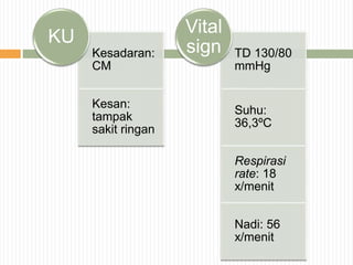 Kesadaran:
CM
Kesan:
tampak
sakit ringan
KU
TD 130/80
mmHg
Suhu:
36,3ºC
Respirasi
rate: 18
x/menit
Nadi: 56
x/menit
Vital
sign
 