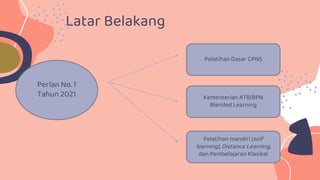 Latar Belakang
Perlan No. 1
Tahun 2021
Pelatihan Dasar CPNS
Kementerian ATR/BPN
Blended Learning
Pelatihan mandiri (self
learning), Distance Learning,
dan Pembelajaran Klasikal
 