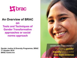 facebook.com/BRACWorldwww.brac.net twitter.com/BRACWorld
An Overview of BRAC
on
Tools and Techniques of
Gender Transformative
approaches or social
norms approach
Gender Justice & Diversity Programme, BRAC
7th October 2019
BRAC Centre Inn
 