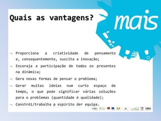 Quais as vantagens?
Proporciona a criatividade de pensamento
e, consequentemente, suscita a inovação;
Encoraja a participação de todos os presentes
na dinâmica;
Gera novas formas de pensar o problema;
Gerar muitas ideias num curto espaço de
tempo, o que pode significar várias soluções
para o problemas (quantidade é qualidade);
Constrói/trabalha p espírito der equipa.
 