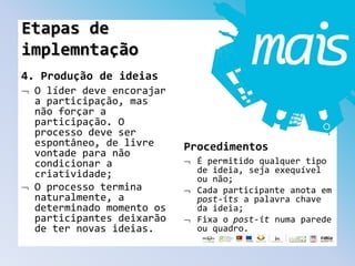 4. Produção de ideias
O líder deve encorajar
a participação, mas
não forçar a
participação. O
processo deve ser
espontâneo, de livre
vontade para não
condicionar a
criatividade;
O processo termina
naturalmente, a
determinado momento os
participantes deixarão
de ter novas ideias.
Procedimentos
É permitido qualquer tipo
de ideia, seja exequível
ou não;
Cada participante anota em
post-its a palavra chave
da ideia;
Fixa o post-it numa parede
ou quadro.
Etapas de
implemntação
 