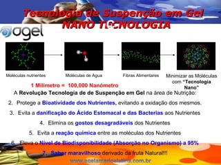 C Tecnología de Suspenção em Gel  NANO TECNOLOGIA Moléculas nutrientes Moléculas de Agua Fibras Alimentares Minimizar as Moléculas com  “Tecnología Nano” 1 Milímetro =  100,000 Nanómetro A  Revolução Tecnología de de Suspenção em Gel  na área de Nutrição: Protege a  Bioatividade dos Nutrientes,  evitando a oxidação dos mesmos. Evita a  danificação do Ácido Estomacal e das Bacterias  aos Nutrientes Elimina os  gostos desagradáveis  dos Nutrientes Evita a  reação química  entre as moléculas dos Nutrientes Eleva o  Nível de Biodisponibilidade (Absorção no Organismo) a 95% Sabor maravilhoso  derivado da fruta Natural!!! 