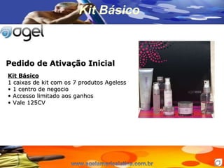 Kit B ásico Kit Básico   1 caixas de kit com os 7 produtos Ageless 1 centro de negocio Accesso limitado aos ganhos  Vale 125CV Pedido de Ativação Inicial 