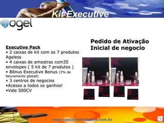 Kit Executive  Executive Pack 2 caixas de kit com os 7 produtos Ageless 4 caixas de amostras com35 envelopes ( 5 kit de 7 produtos ) Bônus Executive Bonus  (3% de faturamento globall) 3 centros de negocios Acesso a todos os ganhos! Vale 500CV Pedido de Ativação Inicial de negocio 
