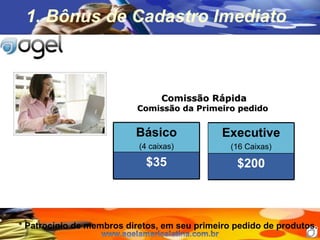 1. B ônus de Cadastro Imediato * Patrocínio de membros diretos, em seu primeiro pedido de produtos. Comissão Rápida Comissão da Primeiro pedido  B ásico (4 caixas) $35 Executive (16 Caixas) $200 