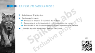 Sofia Lescano @ ankorstore
Gestion des incidents
Processus de détection et déclaration des incidents
Responsable de gestion des incidents et des responsables par équipes
Post-mortem et des action concrètes pour éviter la reproduction de l'incident
Comment aborder les incidents en toute tranquillité
CA Y EST, J'AI CASSÉ LA PROD !
😅🤔
 