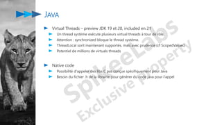 JAVA
Virtual Threads – preview JDK 19 et 20, included en 21
Un thread système exécute plusieurs virtual threads à tour de rôle.
Attention : synchronized bloque le thread système.
ThreadLocal sont maintenant supportés, mais avec prudence (cf ScopedValues)
Potentiel de millions de virtuals threads
Native code
Possibilité d'appeler des libs C pas conçue spécifiquement pour Java
Besoin du fichier .h de la librairie pour générer du code java pour l'appel
 