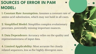 1. Constant Rate Assumption: Assumes a constant rate of
amino acid substitution, which may not hold in all cases.
2. Simplified Model: Simplifies complex evolutionary
processes, potentially missing important nuances.
3. Data Dependence: Accuracy relies on the quality and
representativeness of input data.
4. Limited Applicability: Most accurate for closely
related sequences, less so for highly divergent ones.
SOURCES OF ERROR IN PAM
MODEL:
 