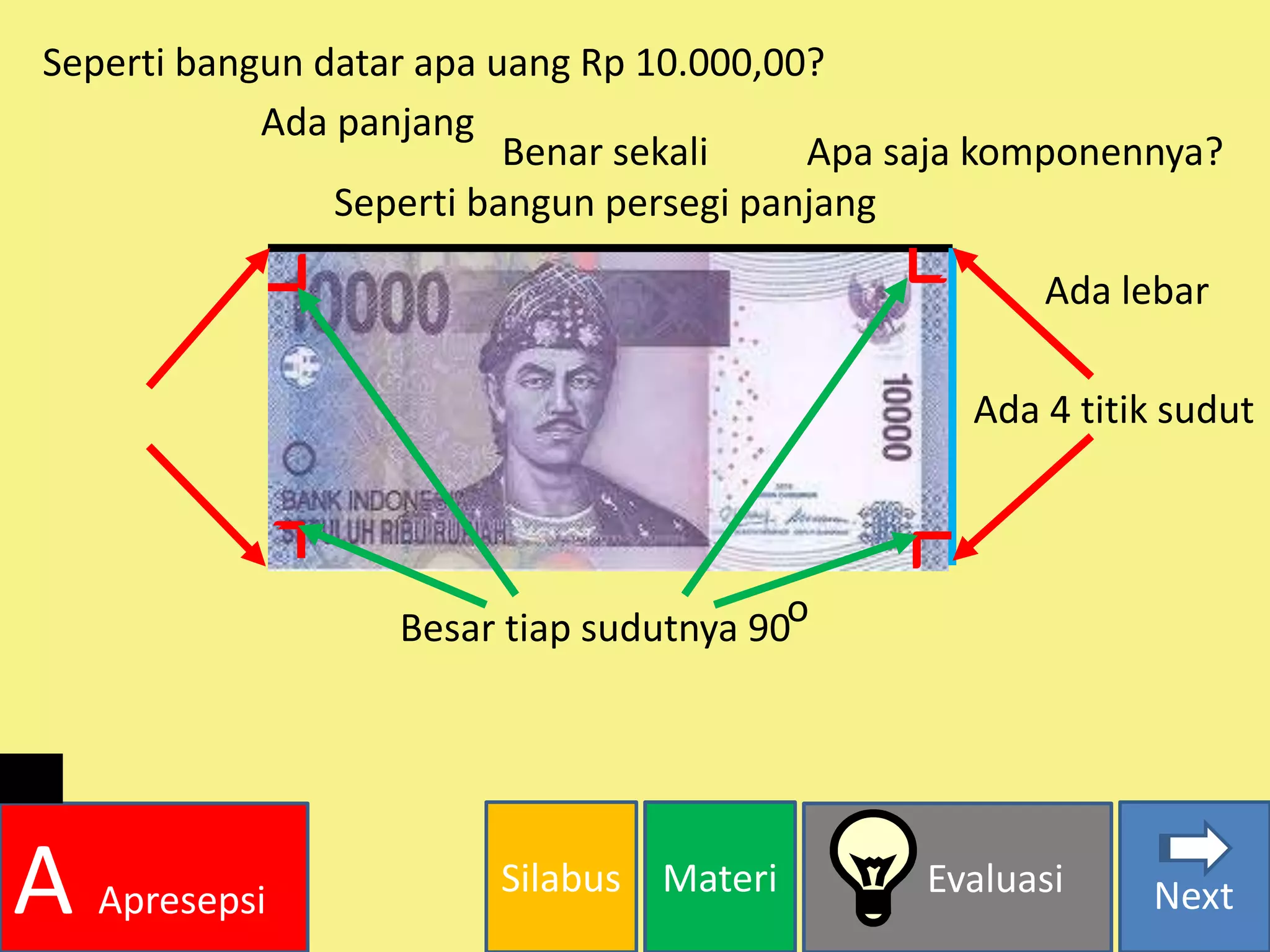 Silabus Materi Evaluasi
A Apresepsi Next
Seperti bangun datar apa uang Rp 10.000,00?
Benar sekali
Seperti bangun persegi panjang
Apa saja komponennya?
Ada panjang
Ada lebar
Ada 4 titik sudut
Besar tiap sudutnya 90o
 