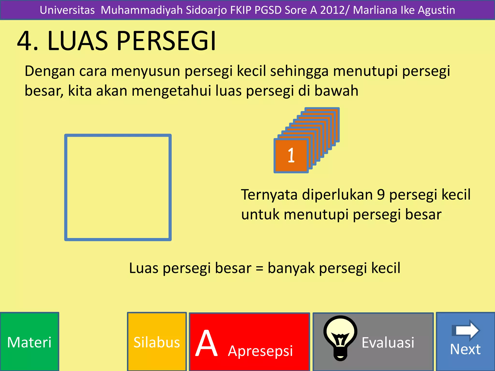 SilabusMateri Evaluasi
A Apresepsi Next
4. LUAS PERSEGI
Dengan cara menyusun persegi kecil sehingga menutupi persegi
besar, kita akan mengetahui luas persegi di bawah
Universitas Muhammadiyah Sidoarjo FKIP PGSD Sore A 2012/ Marliana Ike Agustin
Ternyata diperlukan 9 persegi kecil
untuk menutupi persegi besar
Luas persegi besar = banyak persegi kecil
987654321
 