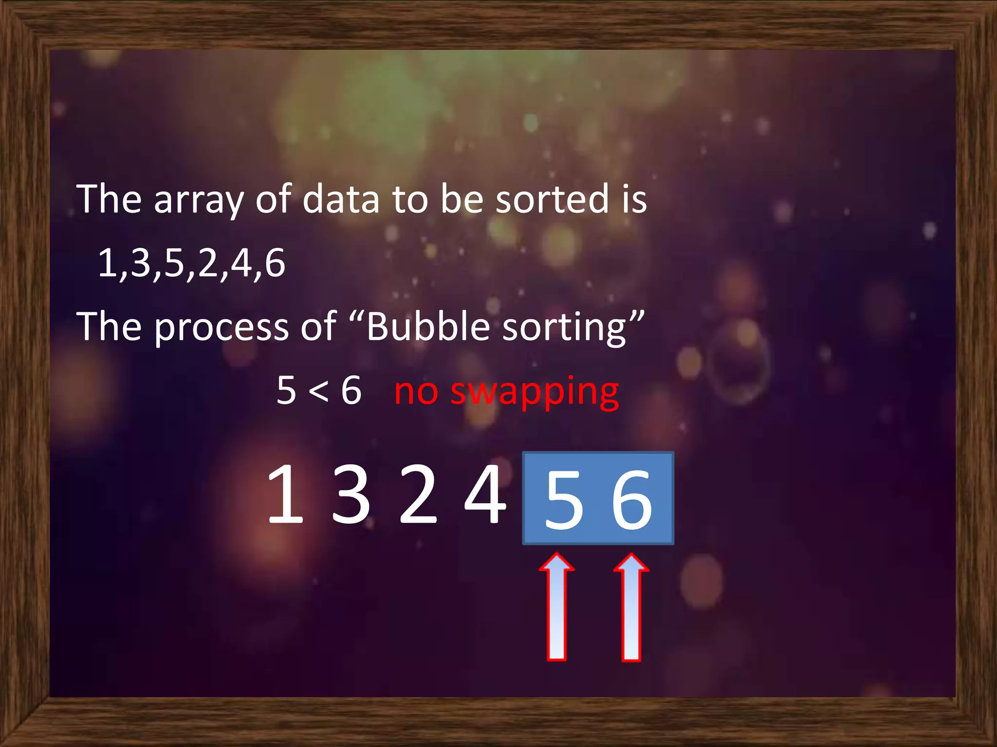The array of data to be sorted is
1,3,5,2,4,6
The process of “Bubble sorting”
5 < 6 no swapping
1 3 2 4 5 6
 